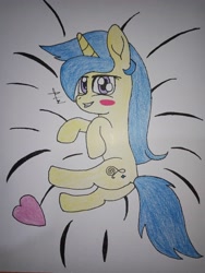 Size: 3120x4160 | Tagged: safe, artist:farhan1250, imported from derpibooru, octavia melody, oc, oc:starlightmelody, pony, unicorn, bed, blushing, butt, female, heart, horn, looking at you, looking back, plot, simple background, solo, traditional art