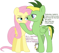 Size: 4587x4137 | Tagged: safe, artist:didgereethebrony, artist:lisa-germany188yt, imported from derpibooru, discord, fluttershy, oc, oc:didgeree, draconequus, pegasus, pony, absurd resolution, base used, blush sticker, blushing, canon x oc, confession, eye contact, eyebrows, female, folded wings, frown, looking at each other, looking at someone, male, mare, open mouth, pegasus oc, shipping, simple background, smiling, stallion, this will end in tears, trace, transparent background, trio, wings