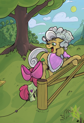 Size: 1012x1480 | Tagged: safe, artist:overlord pony, imported from derpibooru, apple bloom, goldie delicious, earth pony, pony, bow, cape, clothes, cottagecore, family, fence, mountain, talking, tree