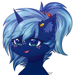 Size: 1500x1500 | Tagged: safe, artist:fluffywhirlpool, imported from derpibooru, oc, oc only, oc:novus flux, pony, unicorn, bust, commission, cute, ear fluff, ear piercing, earring, eye clipping through hair, eyebrows, eyebrows visible through hair, female, freckles, heart, heart eyes, horn, jewelry, looking away, mare, open mouth, open smile, piercing, ponytail, portrait, simple background, smiling, solo, two toned mane, unicorn oc, white background, wingding eyes