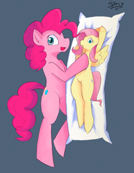 Size: 1770x2282 | Tagged: safe, artist:dariosparks, imported from derpibooru, fluttershy, pinkie pie, earth pony, pegasus, pony, body pillow, female, flutterpie, lesbian, looking at you, open mouth, open smile, shipping, smiling