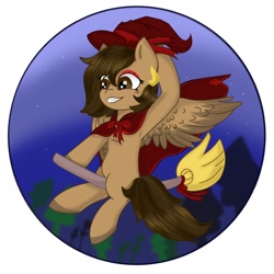 Size: 1280x1280 | Tagged: safe, artist:foxx_grey_art, imported from derpibooru, oc, oc only, oc:hazelnut brew, pegasus, pony, accessory, broom, brown mane, cape, clothes, female, flying, flying broomstick, hat, mare, night, pegasus oc, solo, spread wings, wings, witch, witch costume, witch hat