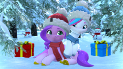 Size: 3840x2160 | Tagged: safe, artist:owlpirate, imported from derpibooru, pipp petals, zipp storm, pegasus, pony, 3d, 4k, christmas, clothes, duo, female, g5, hat, high res, holiday, looking at each other, looking at someone, lying down, mare, present, prone, royal sisters (g5), scarf, siblings, sisters, smiling, smiling at each other, snow, snowfall, snowman, source filmmaker