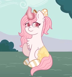 Size: 929x1000 | Tagged: safe, artist:foxx_grey_art, imported from derpibooru, oc, oc only, pony, unicorn, clothes, magic, pink mane, sitting, smiling, socks, solo, stockings, striped socks, thigh highs, white coat