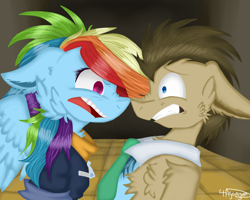 Size: 1821x1457 | Tagged: safe, artist:4agonism, imported from derpibooru, doctor whooves, rainbow dash, time turner, earth pony, pegasus, pony, angry, boop, cheek fluff, chest fluff, clothes, duo, ears back, eyelashes, female, looking at each other, looking at someone, male, mare, name tag, necktie, nose wrinkle, noseboop, older, older doctor whooves, older rainbow dash, ponytail, rainbow crash, raised hoof, scared, shoulder fluff, side view, signature, spread wings, stallion, unshorn fetlocks, wing fluff, wingboner, wings, wonderbolts, zipper