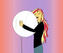 Size: 792x666 | Tagged: safe, artist:hakdurbin, imported from derpibooru, sunset shimmer, human, equestria girls, balloon, gradient background, happy, hug, open mouth