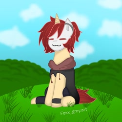 Size: 1280x1280 | Tagged: safe, artist:foxx_grey_art, imported from derpibooru, oc, oc only, pony, unicorn, clothes, grass, grass field, hoodie, horn, mask, red mane, sitting, smiling, solo, unicorn oc