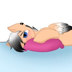 Size: 1280x1280 | Tagged: safe, artist:foxx_grey_art, imported from derpibooru, oc, oc only, oc:colin grey, pegasus, pony, blue eyes, blushing, looking at you, lying down, on side, pegasus oc, pillow, simple background, smiling, white background