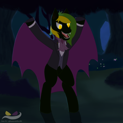 Size: 1250x1250 | Tagged: safe, artist:noir-b, imported from derpibooru, oc, oc:vermont black, earth pony, pony, bipedal, bush, cape, clothes, fangs, forest, glowing, glowing eyes, male, night, nightmare night, on hi, open mouth, scary, sharp teeth, solo, stallion, suit, teeth, watermark