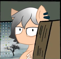 Size: 428x414 | Tagged: safe, artist:foxx_grey_art, imported from derpibooru, oc, oc only, oc:colin grey, pegasus, pony, computer, looking at you, meme, pegasus oc, sitting