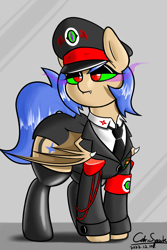 Size: 4000x6000 | Tagged: safe, alternate version, artist:cdrspark, imported from derpibooru, oc, oc only, oc:lunar saintly, bat pony, pony, bat pony oc, blue mane, cap, clothes, dark magic, disguise, disguised changeling, fangs, female, hat, leggings, magic, mare, military uniform, red eyes, rubber boots, simple background, slit pupils, socks, solo, sombra eyes, unamused, uniform