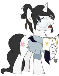 Size: 3100x4000 | Tagged: safe, artist:pencilsparkreignited, imported from derpibooru, oc, oc only, oc:delusive bliss, pony, unicorn, derpibooru community collaboration, 2023 community collab, bible, blue eyes, blue shirt, book, broken glasses, carving, carvings, clothes, cult, cult leader, cultist, glasses, hair bun, handkerchief, jewelry, long tail, male, messy mane, necklace, pendant, preaching, scar, scarf, seven deadly sins, simple background, solo, stallion, stallion oc, tail, transparent background, white coat