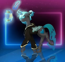 Size: 1080x1023 | Tagged: safe, artist:foxx_grey_art, imported from derpibooru, oc, oc only, changeling, blue changeling, clothes, hoodie, magic, neon, reflection, solo, walking, writing