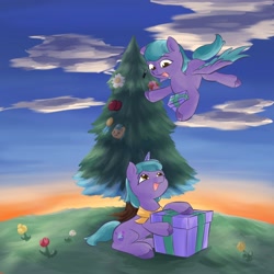 Size: 4096x4096 | Tagged: safe, artist:felldeal, imported from derpibooru, pegasus, pony, unicorn, series:daily drawing december, christmas, duo, g5, holiday, tree, unnamed character, unnamed pony