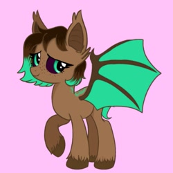 Size: 881x880 | Tagged: safe, artist:foxx_grey_art, imported from derpibooru, oc, oc only, oc:jade, bat pony, pony, bat pony oc, black sclera, brown coat, fangs, female, mare, pink background, simple background, solo