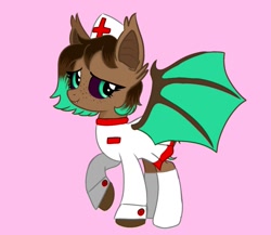 Size: 1153x1000 | Tagged: safe, alternate version, artist:foxx_grey_art, imported from derpibooru, oc, oc only, oc:jade, bat pony, pony, bat pony oc, black sclera, brown coat, clothes, doctor, fangs, female, hat, mare, pink background, simple background, solo, uniform