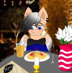 Size: 989x1000 | Tagged: safe, artist:foxx_grey_art, imported from derpibooru, oc, oc only, oc:colin grey, pegasus, pony, blue eyes, blushing, bowtie, candle, date, dinner, drink, food, looking down, offscreen character, pasta, pov, solo, spaghetti