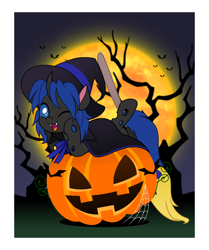Size: 4188x5000 | Tagged: safe, artist:jhayarr23, imported from derpibooru, oc, oc only, oc:swift dawn, changeling, absurd resolution, blue changeling, blue eyes, bow, changeling oc, clothes, commission, costume, cute, fangs, halloween, halloween costume, hat, holiday, horn, jack-o-lantern, male, ocbetes, one eye closed, pumpkin, solo, tail, wink, witch costume, witch hat, ych result