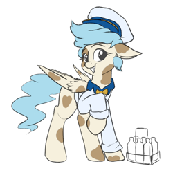 Size: 800x800 | Tagged: safe, artist:rocket-lawnchair, color edit, edit, editor:maonyman, imported from derpibooru, oc, oc only, oc:dairy air, pegasus, pony, /mlp/, bowtie, clothes, colored, cowprint, cute, female, floppy ears, folded wings, happy, hat, long sleeves, looking at you, mare, milk, milk bottle, raised hoof, sailor hat, sailor uniform, secret santa, shirt, short hair, short mane, simple background, smiling, solo, uniform, white background, wings