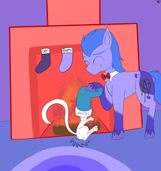 Size: 2972x3156 | Tagged: safe, artist:madtown97, imported from derpibooru, oc, oc:baneberry nettle, cat, earth pony, pony, spoiler:g5, behaving like a cat, bowtie, christmas, christmas stocking, clothes, duo, fire, fireplace, g5, holiday, my little pony: make your mark, pet, stockings