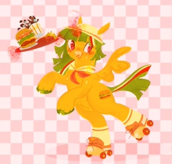 Size: 1889x1805 | Tagged: safe, artist:ombnom, imported from derpibooru, oc, oc:burger mare, alicorn, food pony, pony, bipedal, burger, checkered background, checkers, cheeseburger, clothes, drink, food, hamburger, magic, ponified, raised hoof, roller skates, serving tray, socks, solo, telekinesis