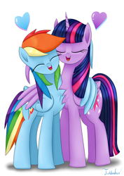 Size: 2480x3507 | Tagged: safe, artist:twidasher, imported from derpibooru, rainbow dash, twilight sparkle, alicorn, pegasus, pony, chest fluff, duo, female, heart, hug, lesbian, shipping, simple background, twidash, twilight sparkle (alicorn), white background, winghug, wings