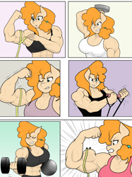 Size: 2004x2682 | Tagged: safe, artist:matchstickman, imported from derpibooru, pear butter, anthro, earth pony, comic:the other side, abs, biceps, breasts, busty pear butter, clothes, comic, dumbbell (object), exercise, female, flexing, measuring tape, muscle growth, muscles, muscular female, pear buffer, solo, sweat, weight lifting, weights, workout