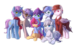 Size: 4788x2898 | Tagged: safe, artist:emeraldgalaxy, imported from derpibooru, oc, oc:cuihua, oc:eons, oc:gologic, oc:ladetaw, oc:nightscream, oc:nova twinkle, oc:吉光, bat pony, earth pony, pegasus, pony, unicorn, derpibooru community collaboration, 2023 community collab, clothes, crossed hooves, glasses, heterochromia, hug, raised hoof, ribbon, scarf, simple background, slit pupils, transparent background