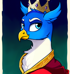 Size: 1024x1088 | Tagged: safe, editor:paracompact, imported from derpibooru, gallus, griffon, ai assisted, ai content, clothes, crown, generator:purplesmart.ai, generator:stable diffusion, gradient background, jewelry, king gallus, regalia, robe, solo