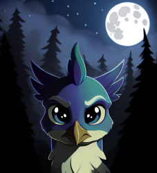 Size: 1370x1508 | Tagged: safe, editor:paracompact, imported from derpibooru, gallus, ai assisted, ai content, forest, forest background, gallus is not amused, generator:purplesmart.ai, generator:stable diffusion, looking at you, moon, night, stars, unamused