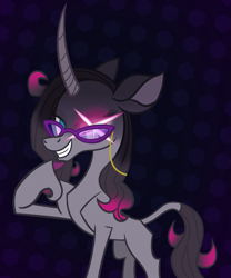 Size: 1065x1281 | Tagged: safe, artist:nonameorous, imported from derpibooru, unicorn, them's fightin' herds, blue background, cloven hooves, community related, glasses, grin, hexagon, looking at you, oleander (tfh), purple background, raised hoof, shadow, simple background, smiling, smiling at you, solo, sparkles