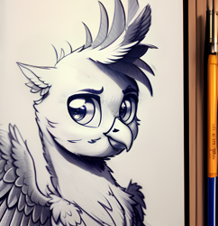 Size: 990x1024 | Tagged: safe, editor:paracompact, imported from derpibooru, gallus, ai assisted, ai content, chest fluff, feathered wings, generator:purplesmart.ai, generator:stable diffusion, ink drawing, looking at you, traditional art, wings