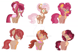 Size: 1280x865 | Tagged: safe, artist:aunickakim, imported from derpibooru, oc, oc only, oc:cherry milk, oc:chestnut cheesecake, oc:chocolate crumble, oc:chocolate trifle, oc:strawberry cream candy, oc:strawberry milk, earth pony, pony, base used, deviantart watermark, female, male, mare, obtrusive watermark, offspring, parent:cheese sandwich, parent:pinkie pie, parents:cheesepie, siblings, simple background, watermark, white background