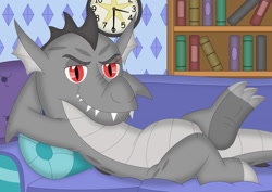 Size: 1061x753 | Tagged: safe, artist:porygon2z, imported from derpibooru, oc, oc only, oc:draco axel, dragon, bookshelf, couch, implied shipping, implied smolder, looking at you, male, smiling, smiling at you, solo, vector