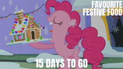 Size: 1920x1080 | Tagged: safe, edit, edited screencap, editor:quoterific, imported from derpibooru, screencap, pinkie pie, hearth's warming eve (episode), 15, gingerbread house, snow, snowfall, solo