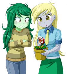 Size: 757x836 | Tagged: safe, artist:uotapo, edit, imported from derpibooru, derpy hooves, wallflower blush, human, equestria girls, background removed, cropped, crossover, danger, duo, female, necktie, nintendo, piranha plant, plant, plant pot, simple background, super mario bros., white background