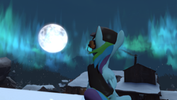 Size: 3840x2160 | Tagged: safe, artist:xafilah, imported from derpibooru, rainbow dash, pegasus, pony, /mlp/ tf2 general, 3d, aurora borealis, backpack, female, gmod, hat, mare, moon, rainbow scout, scout, snow, snowfall, solo, source filmmaker, team fortress 2