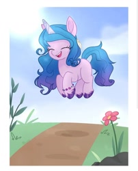 Size: 1080x1334 | Tagged: safe, artist:pencil_draw_indo, artist:tialtri, imported from derpibooru, izzy moonbow, pony, unicorn, cloud, cute, eyes closed, female, flower, g4, g5, g5 to g4, generation leap, izzybetes, mare, open mouth, open smile, prancing, pronking, smiling, solo