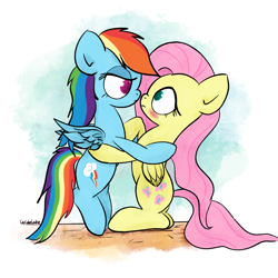 Size: 3000x3000 | Tagged: safe, artist:widelake, imported from derpibooru, fluttershy, rainbow dash, pegasus, pony, blushing, duo, female, flutterdash, hug, lesbian, shipping, simple background, white background