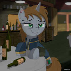 Size: 2000x2000 | Tagged: safe, artist:dddromm, imported from derpibooru, oc, oc only, oc:littlepip, pony, unicorn, fallout equestria, alcohol, clothes, drunk, female, horn, jumpsuit, mare, pipbuck, sitting, smiling, unicorn oc, vault suit