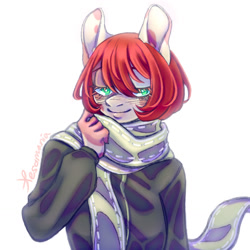 Size: 1280x1280 | Tagged: safe, artist:xesamani, imported from derpibooru, oc, oc only, anthro, anthro oc, clothes, coat, female, scarf, simple background, smiling, solo, white background