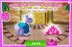 Size: 1956x1295 | Tagged: safe, imported from derpibooru, gladmane, earth pony, pony, advertisement, bowtie, cape, clothes, costs real money, english, gameloft, gem, male, my little pony: magic princess, numbers, official, sale, solo, solo focus, stallion, suit, text