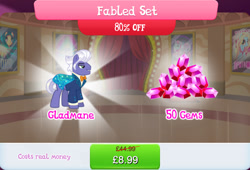 Size: 1262x859 | Tagged: safe, imported from derpibooru, gladmane, earth pony, pony, bowtie, bundle, cape, clothes, costs real money, english, gameloft, gem, male, my little pony: magic princess, numbers, official, sale, solo, solo focus, stallion, suit, text