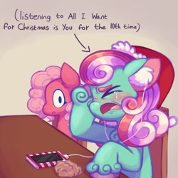 Size: 1500x1500 | Tagged: safe, artist:sidruni, imported from derpibooru, minty, pinkie pie (g3), earth pony, pony, all i want for christmas is you, christmas, colored, crying, curly hair, duo, ear fluff, earbuds, hat, holiday, looking at someone, mariah carey, meme, phone, pink hair, ponified meme, santa hat, scrunchy face, table, two toned mane, unshorn fetlocks, wide eyes