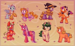 Size: 2048x1257 | Tagged: safe, artist:sidruni, imported from derpibooru, abra-ca-dabra, applejack (g1), applejack (g3), autumn (g2), autumn crisp, autumn skye, gusty, pumpkin tart, earth pony, pegasus, pony, unicorn, abstract background, autumn, bell, bell collar, bow, cat ears, clothes, coat markings, collar, cute, female, g1, g3, halloween, hat, holiday, leaves, mare, rearing, socks (coat markings), sweater, tail, tail bow, unshorn fetlocks, wind, witch hat