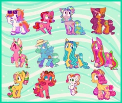 Size: 2048x1719 | Tagged: safe, artist:sidruni, imported from derpibooru, baby honolu-loo, island rainbow (g3), sunny daze (g3), earth pony, pegasus, pony, unicorn, abstract background, baby, baby pony, bow, bracelet, braid, braided tail, coat markings, cute, eyeshadow, female, filly, flower, flower in hair, flying, foal, g1, g3, hat, jewelry, looking back, looking up, makeup, mare, necklace, open mouth, open smile, pattern, pearl necklace, seashell necklace, smiling, socks (coat markings), summer, sun hat, sunglasses, tail, tail bow, unshorn fetlocks, wave