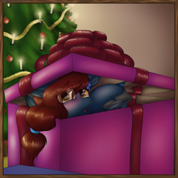 Size: 5000x5000 | Tagged: safe, artist:tai kai, imported from derpibooru, oc, oc only, oc:nightingale, bat pony, pony, blushing, box, christmas, christmas gift, christmas lights, christmas tree, commission, confused, female, holiday, looking at you, pony in a box, pony oc, present, solo, surprised, tree, wondering, ych result