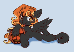 Size: 4961x3508 | Tagged: safe, artist:chaosangeldesu, imported from derpibooru, oc, cat, cat pony, original species, cat tail, cute, long mane, pumpkin, solo, spread wings, tail, tongue out, wings