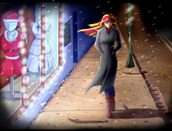 Size: 2300x1750 | Tagged: safe, artist:notaletolivefor, imported from derpibooru, sunset shimmer, human, equestria girls, clothes, coat, female, snow, snowfall, solo, streetlight