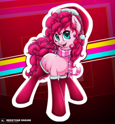 Size: 3500x3750 | Tagged: safe, artist:redstoneengine, imported from derpibooru, pinkie pie, earth pony, pony, belly fluff, cheek fluff, chest fluff, christmas, clothes, cute, diapinkes, ear fluff, female, hat, high res, holiday, mare, open mouth, outline, santa hat, scarf, socks, solo, stockings, thigh highs, white outline